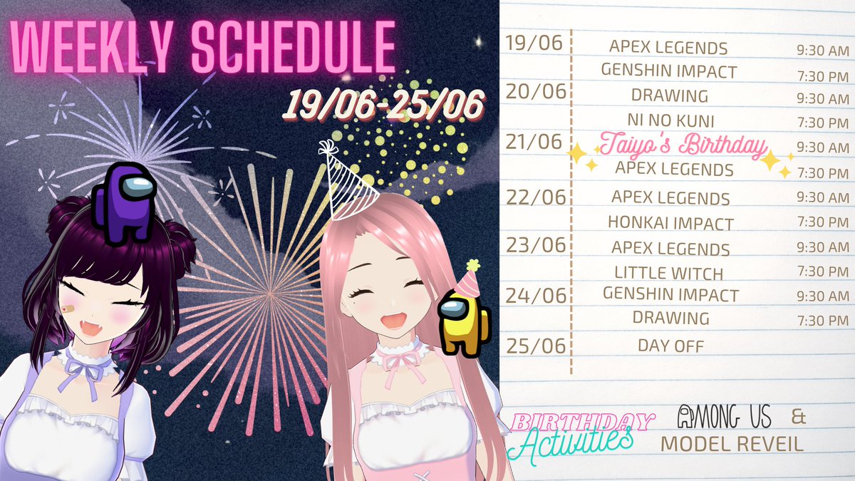 eclipse__cafe's tweet photo. Next week's schedule is up (London time)! For Taiyō's birthday we invite you to join an Among us party with everyone!!
#VtubersEN #Vtuber #AmongUs #TwitchStreamers #eclipsecafe #tsuki #taiyo #stream #gaming #DuoVtuber #birthdayparty #twitch #youtube #pc #PlayStation https://t.co/TkUjo90wmF