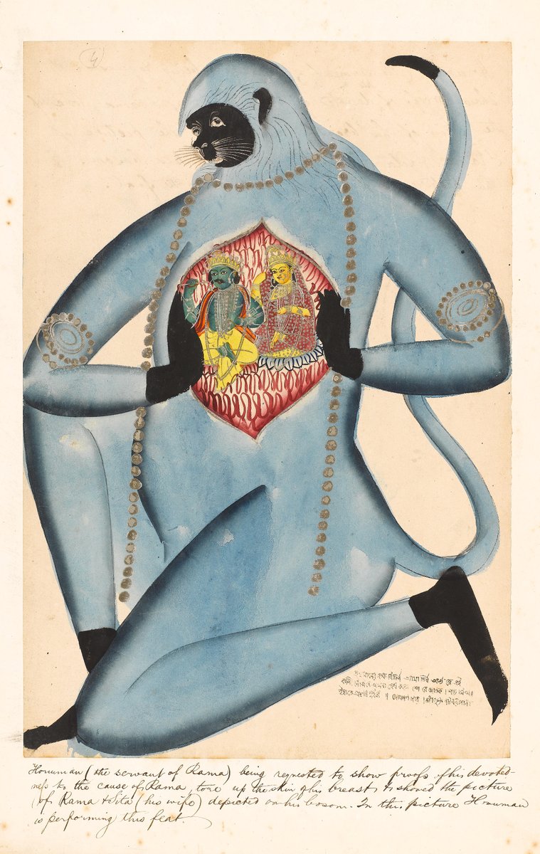hinduaesthetic's tweet photo. Hanumān reveals Rāma and Sīta in his heart
Kalighat, circa 1860-1870 https://t.co/Sk9ydBjba9