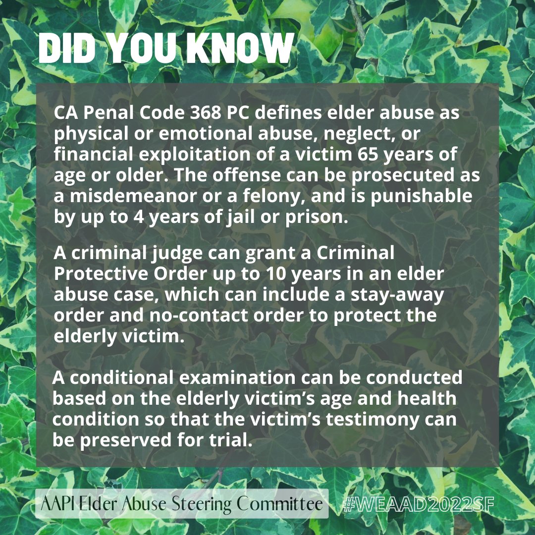 SFVictimService's tweet image. What are the possible penalties for elder abuse? What protections can be offered in a criminal case? Read below to learn more. #WEAAD #WEAAD2022