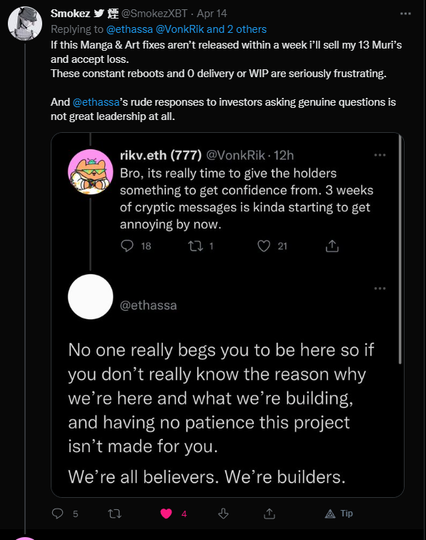 thecopycatto's tweet photo. @ethassa 2 Months after your rude treatment when posting my concerns. All u delivered in 2 months was a pic upgrade for haus modules, which were exactly 3 pictures. Bravo. Happy i sold all of your @MuriNFT and @hausconnect shit after that which is worth 75% less now. GG https://t.co/vgi3n2Zex1