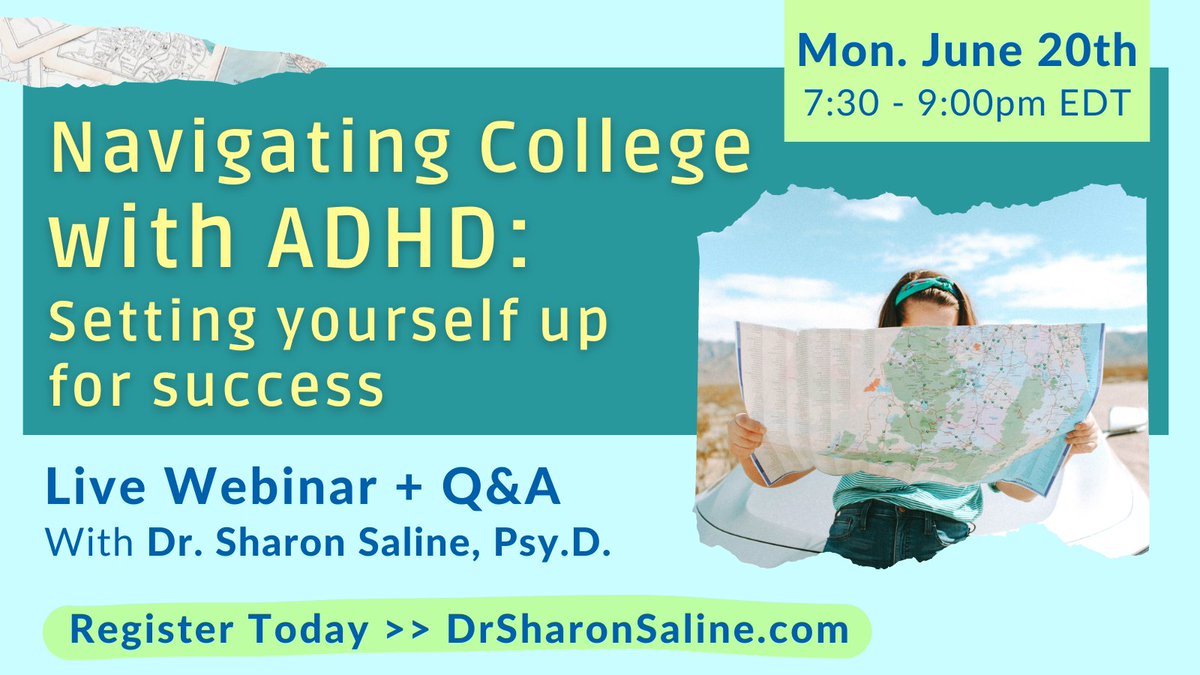 DrSharonSaline's tweet photo. #College can be an exciting (& intimidating) time for #students w/ #ADHD. New opportunities come with challenges that resources, #accommodations & strategies will help you navigate thru. #ADHDstudents, join my webinar on Monday for +info! Register today >> https://t.co/tWin39vTQa https://t.co/AMYOo6SUiS