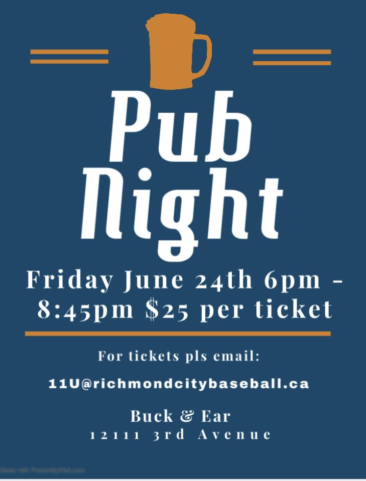 RCBAChuckers's tweet photo. Come out &amp; support our 11UA and 15UAA Provincial teams! $25 per Ticket for a burger, house-made chips and either a beer, wine or highball. There will be a 50/50 draw. Kids welcome until 8pm. Deadline for tickets is Monday June 20 email 11U@richmondcitybaseball.ca for tickets https://t.co/U5FV9sKVW3