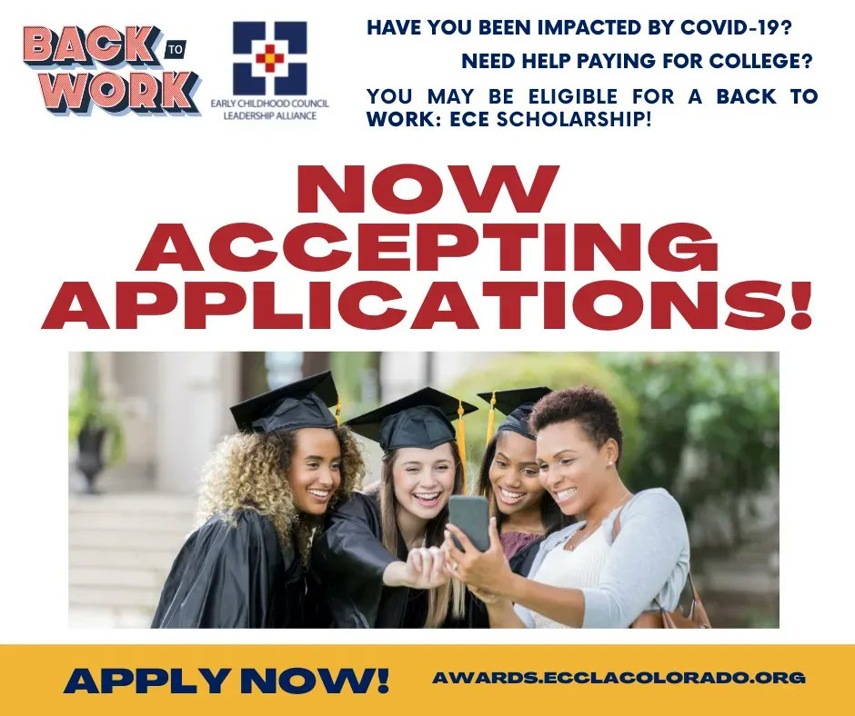 ECCLAColorado's tweet image. Have you been impacted by COVID-19? Need help paying for college? You may be eligible for a Back to Work: Early Childhood Education Scholarship! Click here to learn more: ecclacolorado.org/backtowork/ #BacktoWorkWednesday #college #scholarships #eceCO