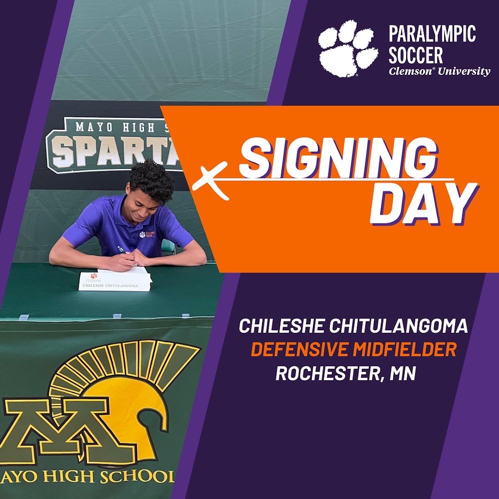CUParaSoccer's tweet photo. We are so excited to welcome Chileshe Chitulangoma, a defensive midfielder from Rochester, MN to the Clemson And CUPS family as part of the residential training program! We can’t wait to see you in the fall, Chile! #cuparasoccer #parasoccer #signingday https://t.co/EcXTv0QW9Y