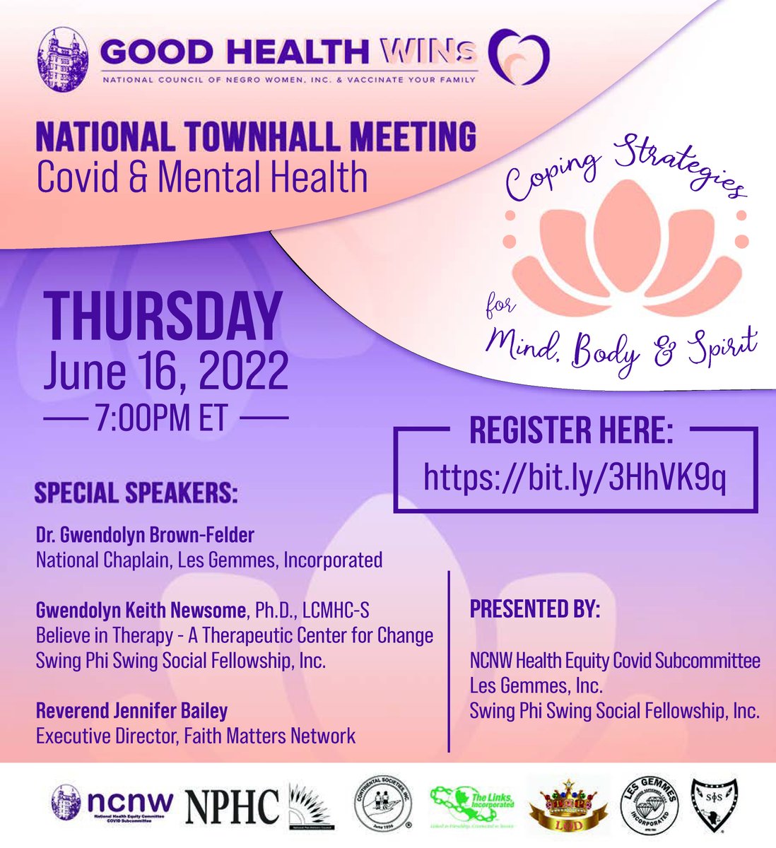 NCNWDetroit's tweet photo. Join NCNW Health Equity Committee and @GoodHealthWINs for a virtual National Town Hall Meeting on COVID &amp; Mental Health!

Date: Thursday, June 16, 2022
Time: 7:00PM EST

Register here: https://t.co/Zuregkz8ZU

#ncnwdetroit #ncnw #ncnwstrong #goodhealthwins #ncnwhealthequity https://t.co/W97HDeUWsg
