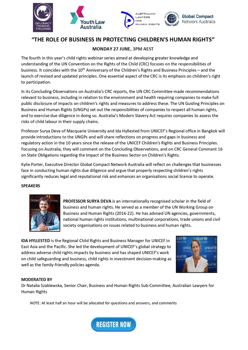 AusLawyersHR's tweet image. WEBINAR: &quot;The Role of Business in Protecting Children&apos;s Rights&quot; 27/6 3pm AEST with @ProfSuryaDeva @Macquarie_Uni @IdaHyllested @UNICEF @kawporter @GlobalCompactAU &amp;amp; ALHR&apos;s Dr Natalia Szablewska
Register:bit.ly/3xseOxf 
@DTPHumanRights @youthlawaus
#bizhumanrights #auslaw