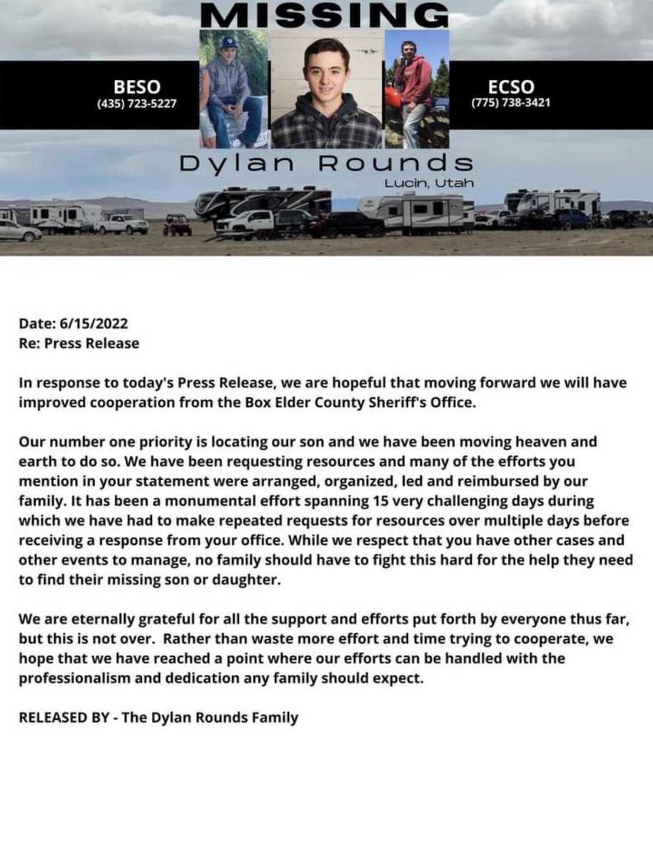 iamlegacy23's tweet photo. #FindDylanRounds Statement from family in response to the press release Box Elder County Sheriff’s office shared earlier today. #BringDylanHome #DylanRounds https://t.co/BqS4rQhlbq