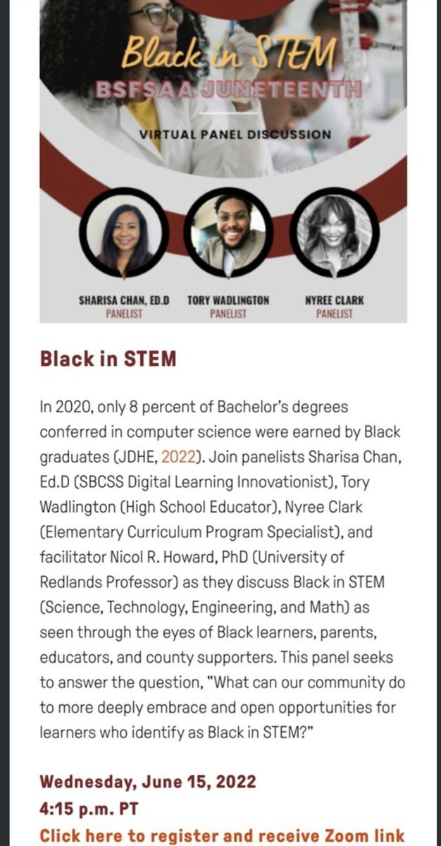 An incredible panel discussion with @MsNyreeClark @ChanSharisa @ThatDopeTeacher  as they share and  ways in which we can embrace our community more deeply and open opportunities for #Blackstudents and #Blackeducators in #STEM 
#Trailblazers 

 #juneteenth2022 @TheREAL_Lab