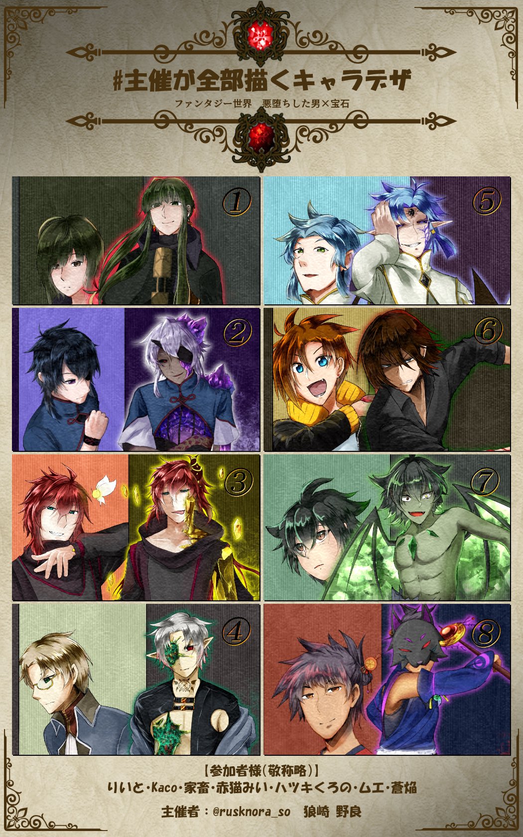 くろの 深夜ツイート多 ファンタジー世界 悪堕ちした男 宝石 ﾍﾟｰｼﾞ 主催者 狼崎野良 様 Rusknora So が全部描き起こしてくれる誰デザに参加いたしました 参加者8名 アンケートが4 4とスレが分かれております 是非見比べて参加してみて