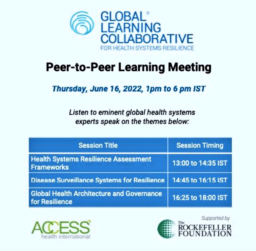 LatikaRewaria's tweet photo. First Peer-to-Peer Learning meeting of the Global Learning Collaborative for Health Systems Resilience #GLC4HSR , on June 16,  2022 (1 -6 pm IST) 
#globalhealth #buildingstronger #resilient #healthsystems

Write to info@glc4hsr.org for the link to participate ! https://t.co/I80lNHrMaz
