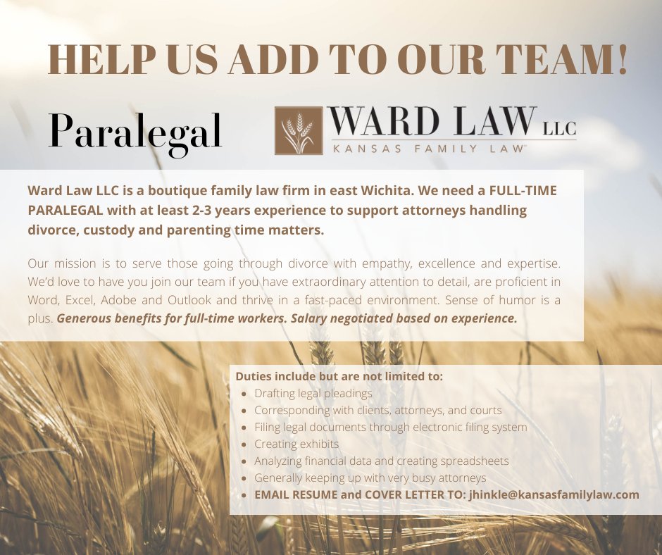 Looking for a paralegal. One of our two paralegals is off to Washburn Law School in August. While we’re super proud of him, we can’t get by with only one paralegal! Would you let us know of anyone looking for paralegal work? Beautiful workplace, challenging cases, great team.