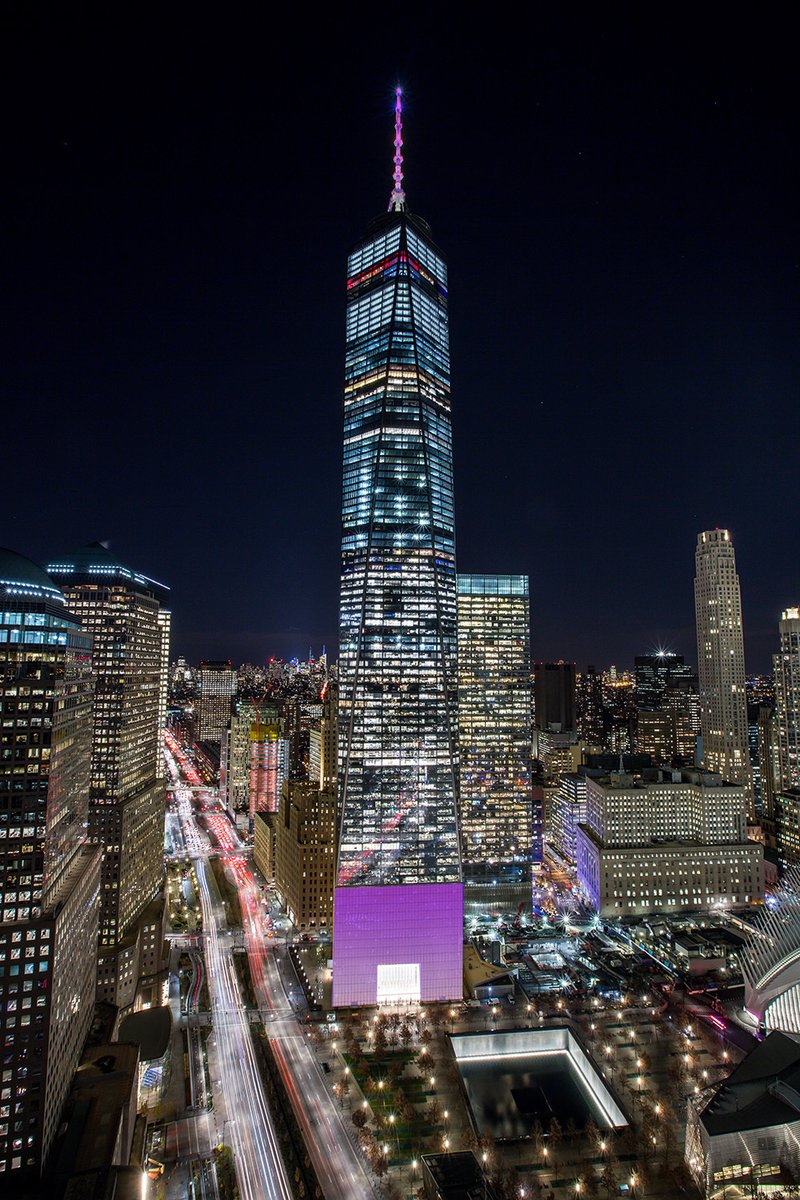 OneWTC's tweet photo. Last night the spire and podium of #OneWTC were lit purple in support of Alzheimer's and Brain Awareness Month. #EndAlz @alzassociation #spireworks @spireworks https://t.co/gV7KaAQCYb