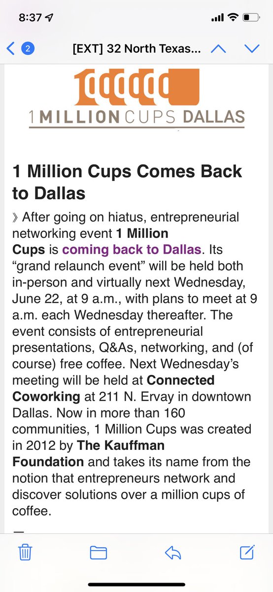 So excited that <a href="/1MillionCupsDAL/">1 Million Cups Dallas</a> is back in action! #1MC #1MCNation