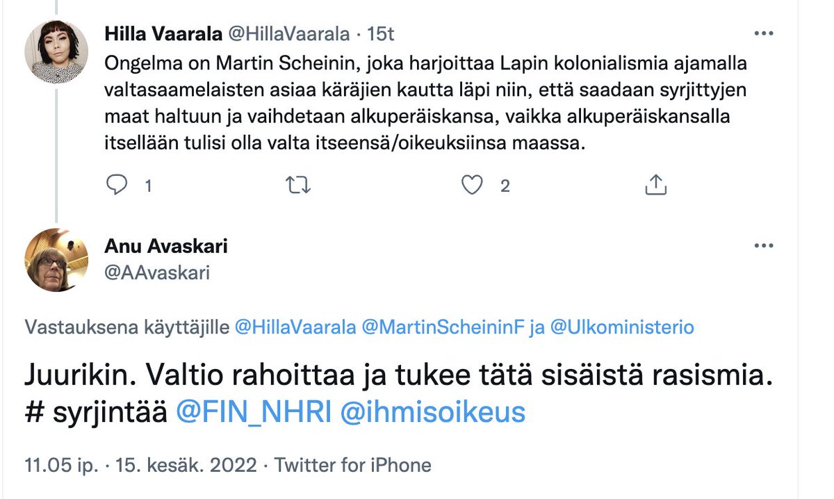 Kun saamelaiset vaativat alkuperäiskansalle kuuluvaa oikeutta määrätä omista asioistaan ja omasta identiteetistään, ja kun Suomen ensi kertaa todetaan rikkoneen rotusyrjinnän vastaista yleissopimusta juuri tämän oikeuden kieltämisestä, missä silloin mahtaa olla ongelma?