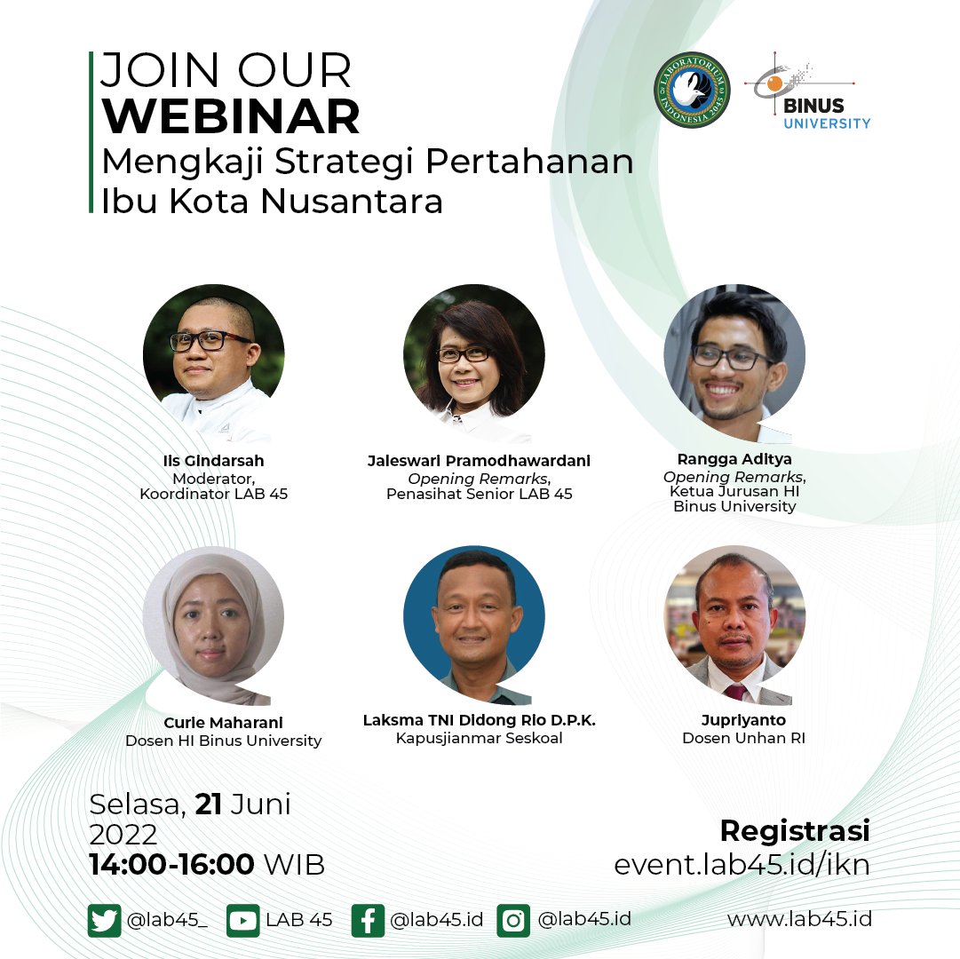 Ibu kota negara adalah target utama serangan musuh,  dalam webinar kali ini kita akan berdiskusi terkait geografi militer, karakter ancaman, dan adopsi strategi dalam peperangan yang melibatkan IKN. Registrasi 👉 event.lab45.id/ikn