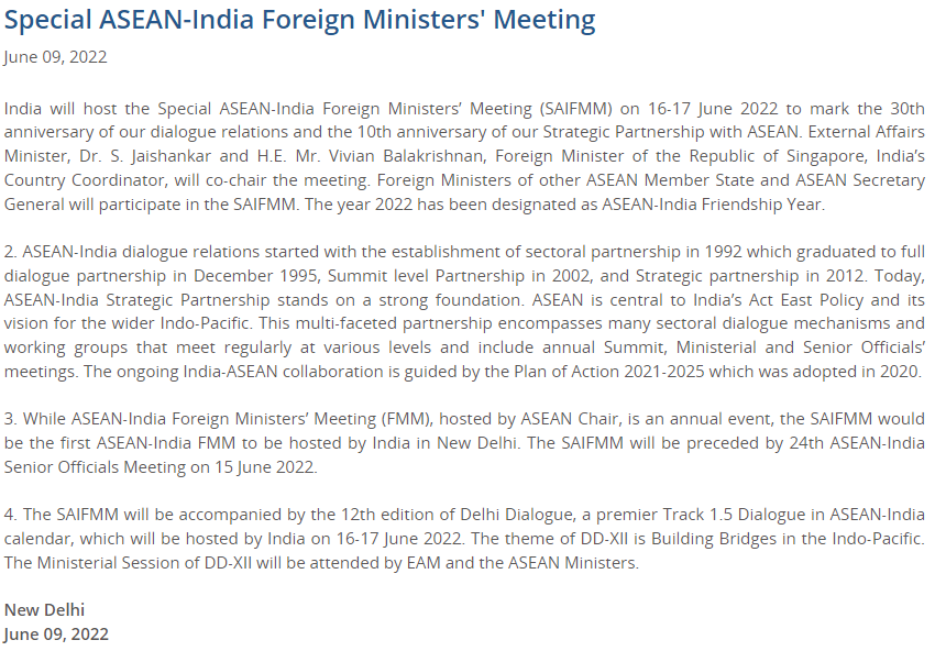India to host the Special ASEAN-India Foreign Ministers’ Meeting (SAIFMM) starti…