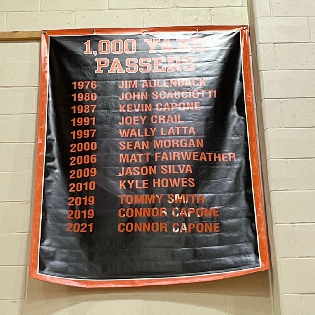 FOTFootball's tweet photo. Banners! Congratulations to our QB @ConnorCapone for 1000 passing yards two years in a row and RB @thomashirsh12 on 1000 rushing yards! @Maynard_AD @AMSA_Athletics https://t.co/PAbFh33big