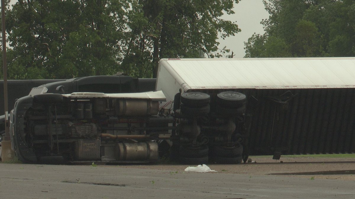 Tony_WSAW's tweet photo. STORM DAMAGE: This semi-truck tipped over near Wittenberg off of highway 45 from today’s storms. The driver said he was sleeping inside the truck when it happened. The driver is safe. https://t.co/SAVGG1MhqJ