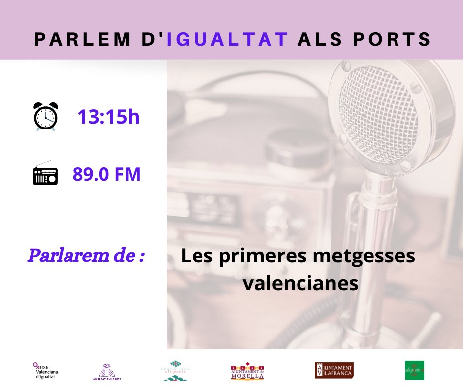 📻 RÀDIO EN IGUALTAT: “LES PRIMERES METGESSES VALENCIANES".

🙋‍♀️🌞 Bon dia, avui en el programa “Parlem d’Igualtat als Ports” parlarem sobre les primeres metgesses valencianes.