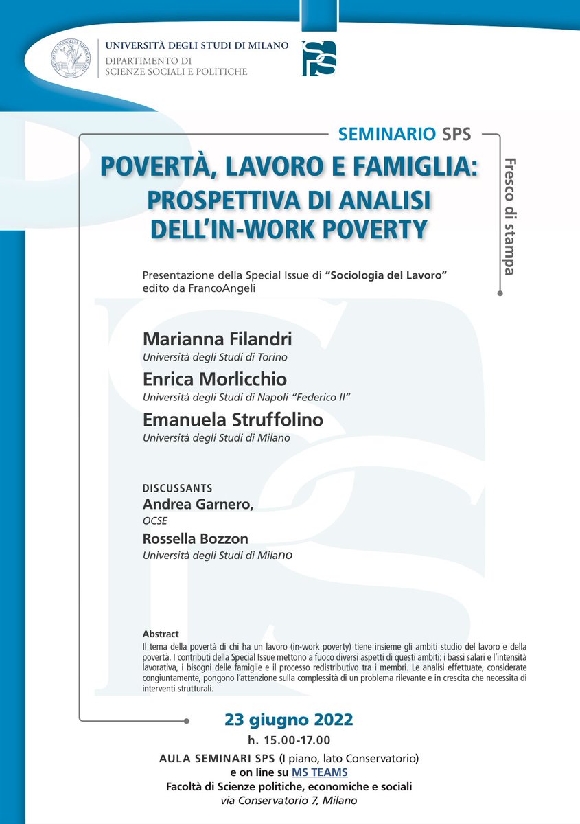 Rivista_SdL's tweet image. Presentazione del fascicolo 161/2021 - Povertà, lavoro e famiglia. Prospettiva di analisi dell'in-work poverty
Discutono con le curatrici: Andrea Garnero e Rossella Bozzon 
@AGarnero @enmorlicchio @MFilandri @EmStruffolino 
@AngeliEdizioni @LaStatale 
Link bit.ly/3O2Gm3d