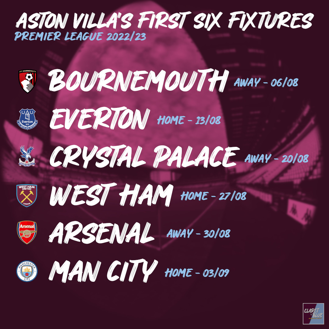 AVFC_News's tweet photo. Aston Villa's Premier League fixtures have been revealed, here's the first six... 👀 #AVFC https://t.co/bQbDlro0bb