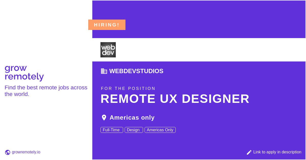 growremotelyio's tweet image. Check out this job at WebDevStudios for the position Remote UX Designer.

 Apply link: growremotely.io/?id=62aa73aba3…

#hiring #remotejobs #WebDevStudios #Design