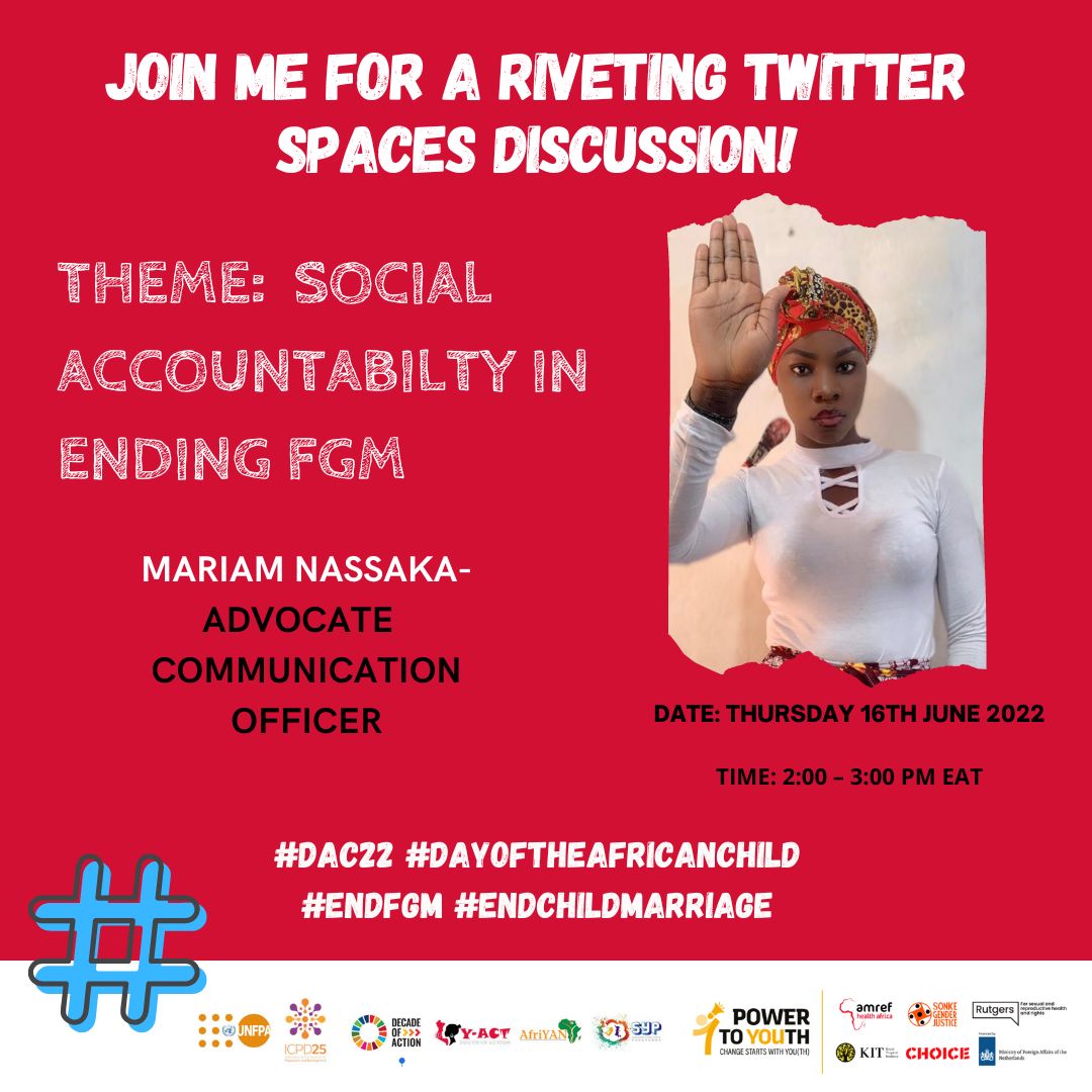 YACT_Africa's tweet photo. Attention all youth! Set a date with fellow youth advocates and us on our Twitter Spaces today at 2 PM and learn how you can help end FGM/C by being socially accountable. Tap here for reminder: https://t.co/kOKPuCKGza #dayoftheAfricanChild #DAC22 @UNFPA_ESARO @PowerToYouth21 https://t.co/2oIVSemkCG