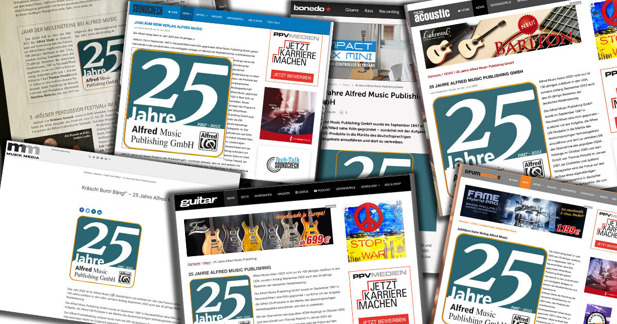 Auch wenn wir erst am 1. 9. das 25-jährige Bestehen der deutschen Niederlassung feiern, freuen wir uns jetzt schon über die breite Resonanz in der Fachpresse!  🥳🎁

@bonedode@soundcheckmusik@DrumHeadsDE@MM_MusikMediadrumsundpercussion@guitarmagazin 
#alfredmusic #learnteachplay