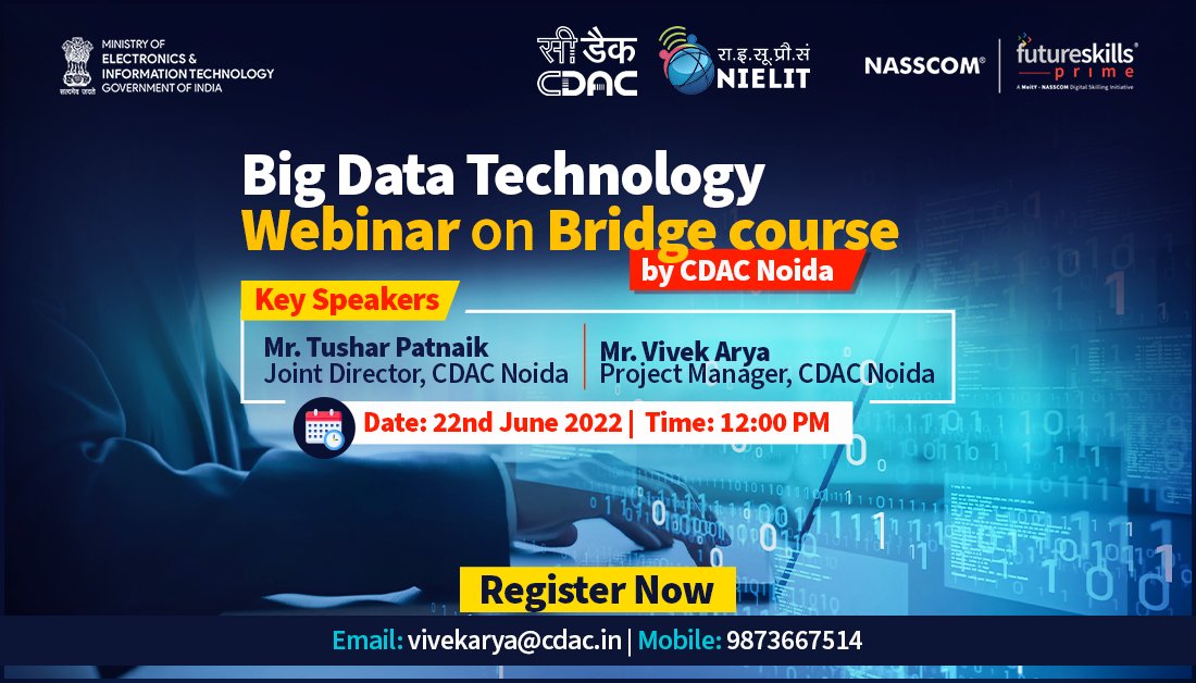 fsprimeofficial's tweet image. Learn about #BigDataTechnology with this #webinar hosted by CDAC Noida.
Register Now: bit.ly/3NVMjiz
#FutureSkillsPrime #SkilledForFuture #UpskillForIndia #Nasscom #upskill #BigData #learning #SkillingRevolution #hurryup #DigitalTalent #DigitalFluency