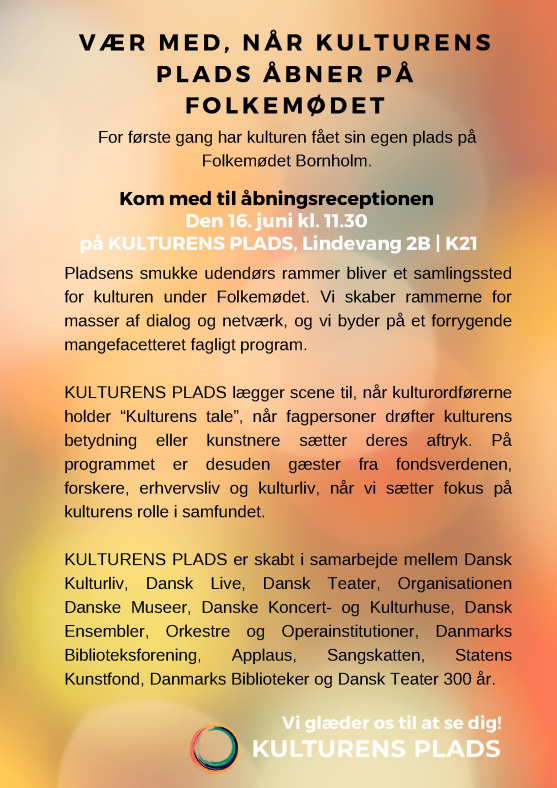 DKbibforening's tweet photo. Kom til åbningsreception for KULTURENS PLADS
@DanskKulturliv står bag pladsen, som åbner på @Folkemoedet i dag kl. 11:30 på Lindevang 2B | K21 i Allinge. 
Deltag i debatterne og vær med til at sætte fokus på kulturens betydning for samfundet.
#FM22 #FMDK22 #DKbib #DKkultur #dkpol https://t.co/ZcalJuIrG4