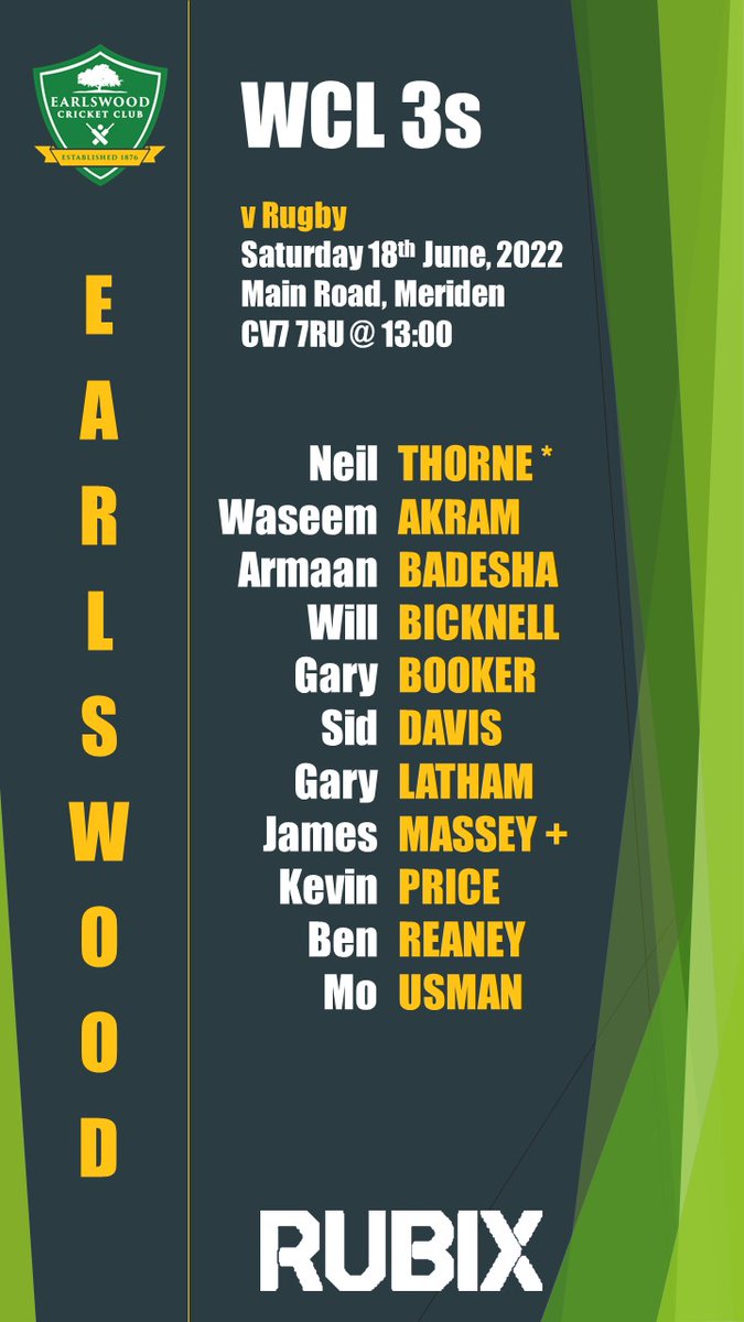 Fixtures and teams for the coming weekend

🚗 WCL 1s v <a href="/Pakshaheencc/">Pak Shaheen CC</a> 
🏡 WCL 2s v <a href="/LyndworthCC/">Lyndworth CC</a> 
🏡 CHL 1s v Blockley
🛌 CHL 2s - Bye week
🚗 WCL 3s v <a href="/Rugby_CC/">Rugby Cricket Club</a> 

Go well all 💚💛