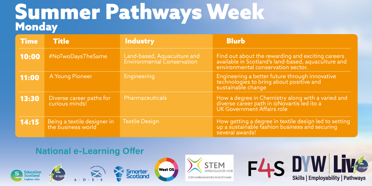 ESskills's tweet photo. #DYWLive Summer Pathways Week, have a look at our sessions on Monday 20th June. An opportunity for learners to hear from the experts.

Submit questions in advance and watch the recording afterwards! We are on all of next week, same time different topic.

https://t.co/FWPnG7JyMo https://t.co/mC0Itaxk5D