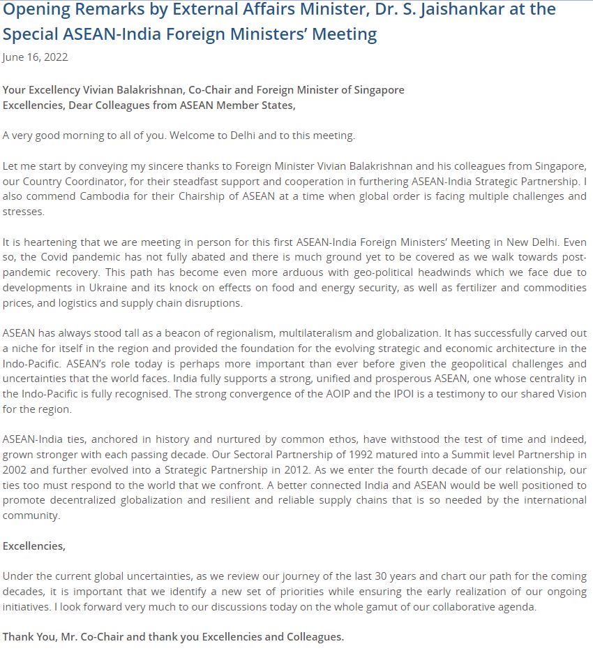 indiatoasean's tweet photo. Opening Remarks by Hon'ble External Affairs Minister, Dr. S. Jaishankar at the Special ASEAN-India Foreign Ministers’ Meeting today. 
@ASEAN
https://t.co/O6zA1Awnyq https://t.co/Gu0zRGJRfZ