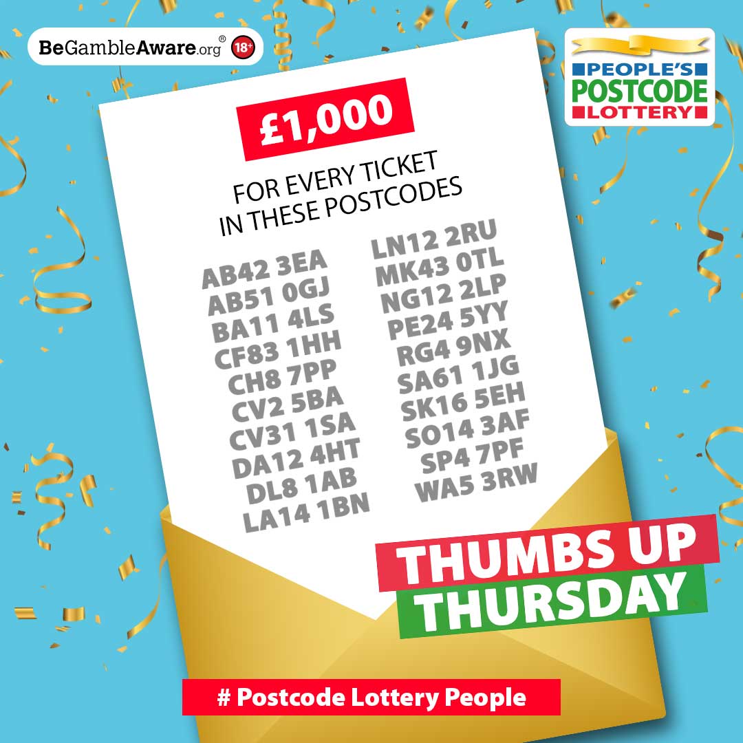 PostcodeLottery's tweet photo. It’s Thumbs up Thursday 👍 &amp; the weekend is so close we can almost taste it! Here’s something to keep you lovely lot going until tomorrow – it’s the #DailyPrize 🎉 

So #PostcodeLotteryPeople check out the TWENTY lucky postcodes &amp; see if you’re £1,000 richer 💸 https://t.co/ugZd3gZv5T