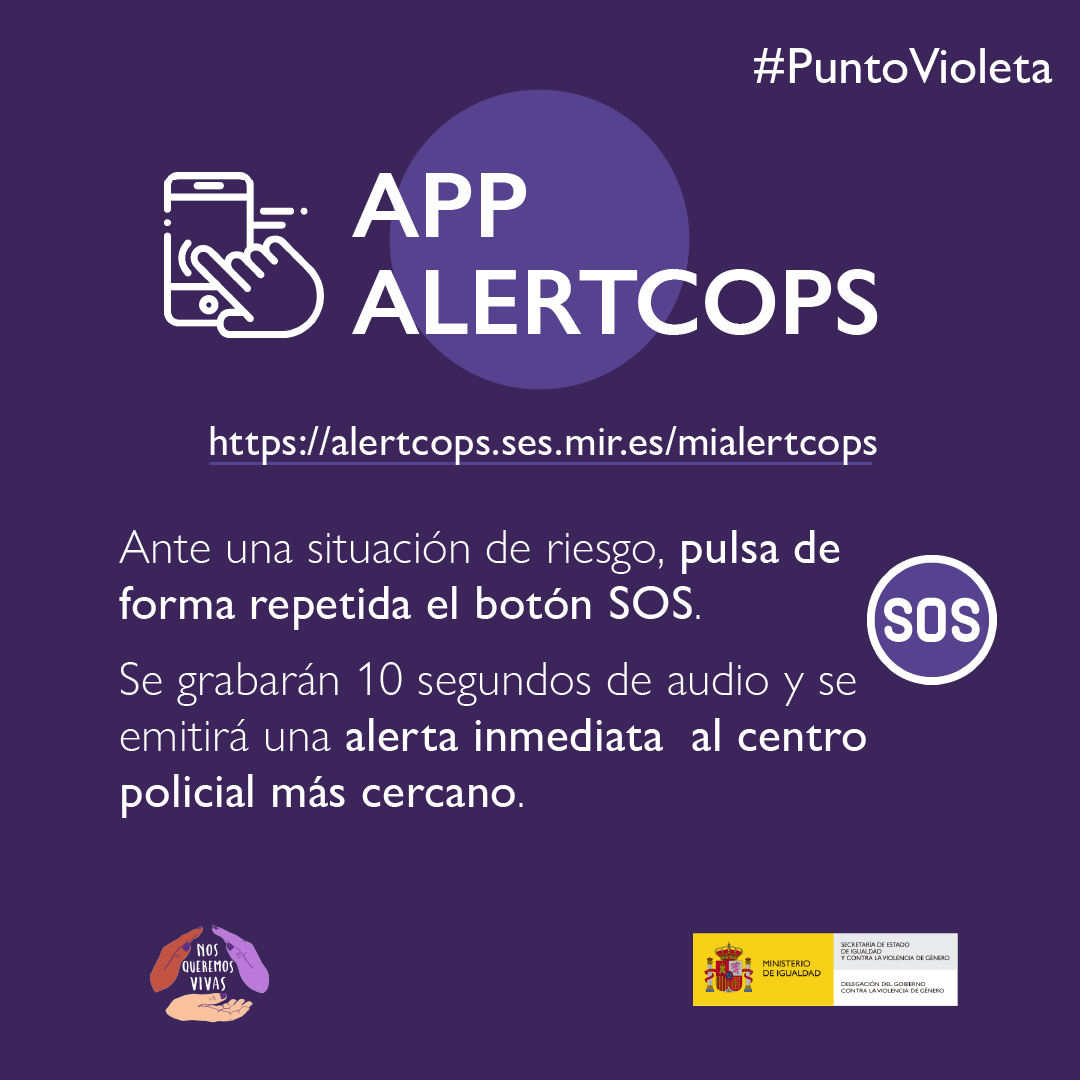 📣 ¿Conoces <a href="/alertcops/">AlertCops</a>?

🚨 Si te encuentras en una situación de riesgo por #ViolenciaMachista, pulsa repetidamente el botón🆘.

👮 Se grabarán 10 segundos de audio y se emitirá una alerta inmediata al centro policial más cercano.

📲 Descarga la app: alertcops.ses.mir.es/mialertcops/