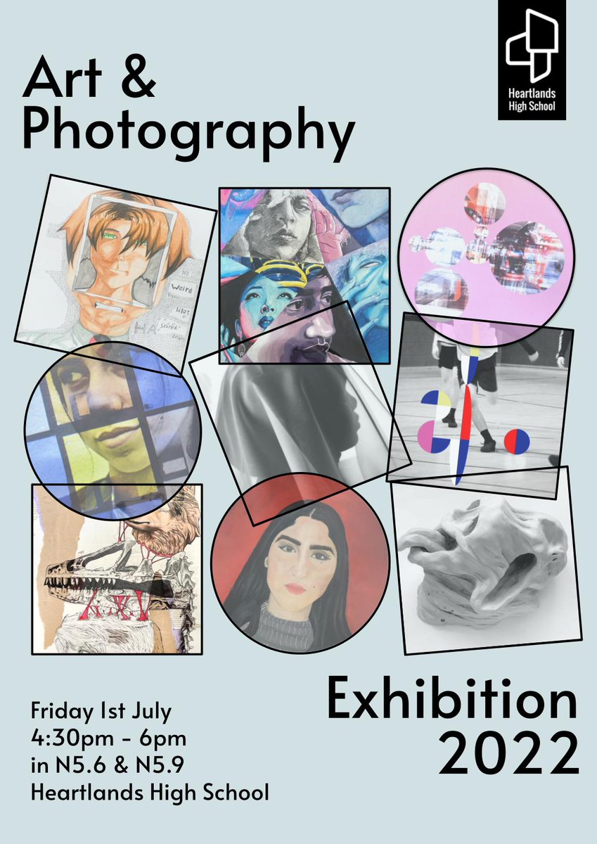 hhs_arts's tweet photo. Due to tube/rail strikes the date of the show has been moved! Heartlands invites you to the Art &amp; Photography Exhibition 2022. On Friday 1st July from 4.30-6pm, view the inspirational works from our Y11 GCSE students. Enjoy free refreshments and some live music! @HHSHaringey https://t.co/R4B1pcD9eV