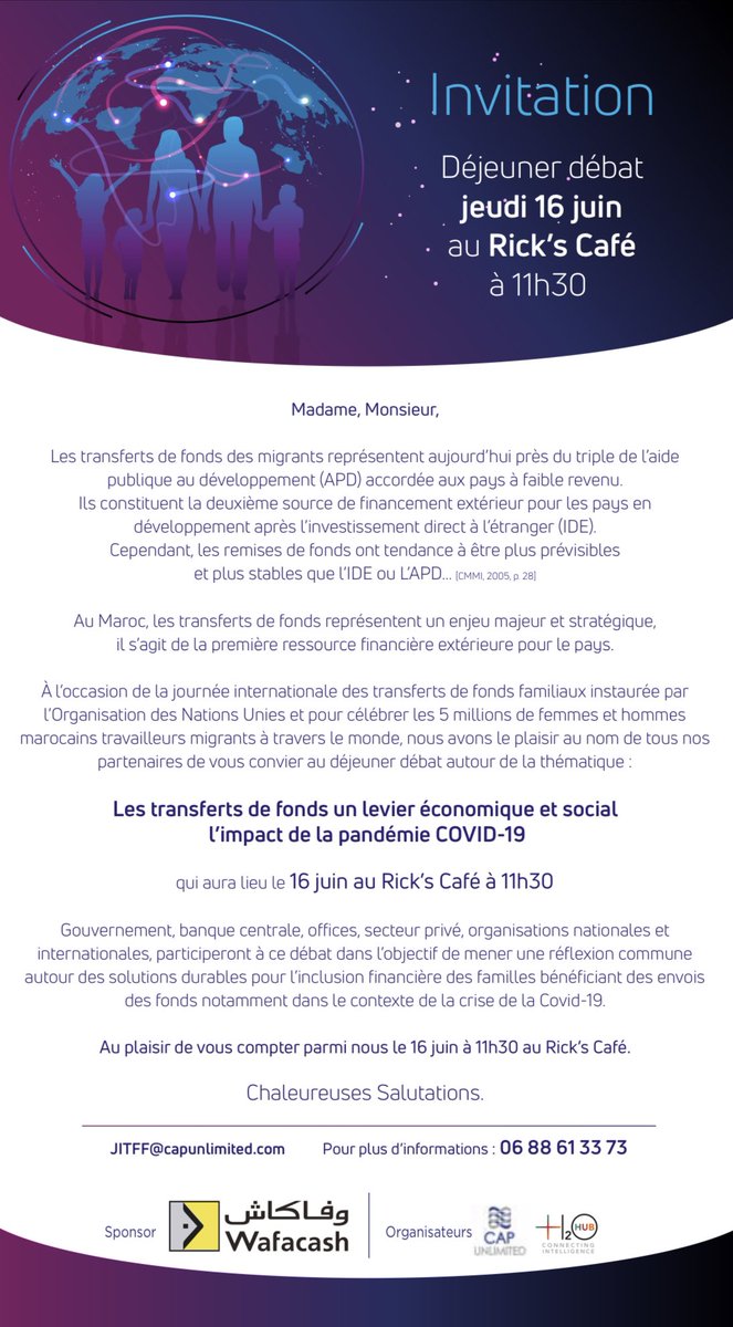 Dans le cadre de la journée mondiale des #transfertsdefonds des #diasporas, je participe ce jour à #Casablanca à un déjeuner débat : "les transferts de fonds un levier économique et social" <a href="/CMonTaxi/">C Mon Taxi !</a> 

#RSE #Afrique #Maroc #Sénégal #ImpactSocial #RelationsNordSud #Codéveloppement