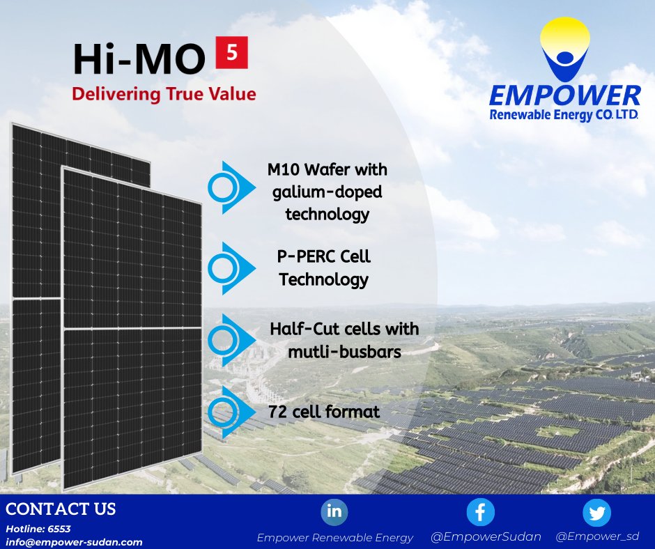 Empower_sd's tweet image. We are proud to offer our customers the highest quality panels available. This is why we partnered with @longi_solar making us the sole distributor of LONGi solar panels in Sudan, so it gives us great pleasure to announce the new Hi-MO 5 545 W solar panel. 
Get Yours Today!