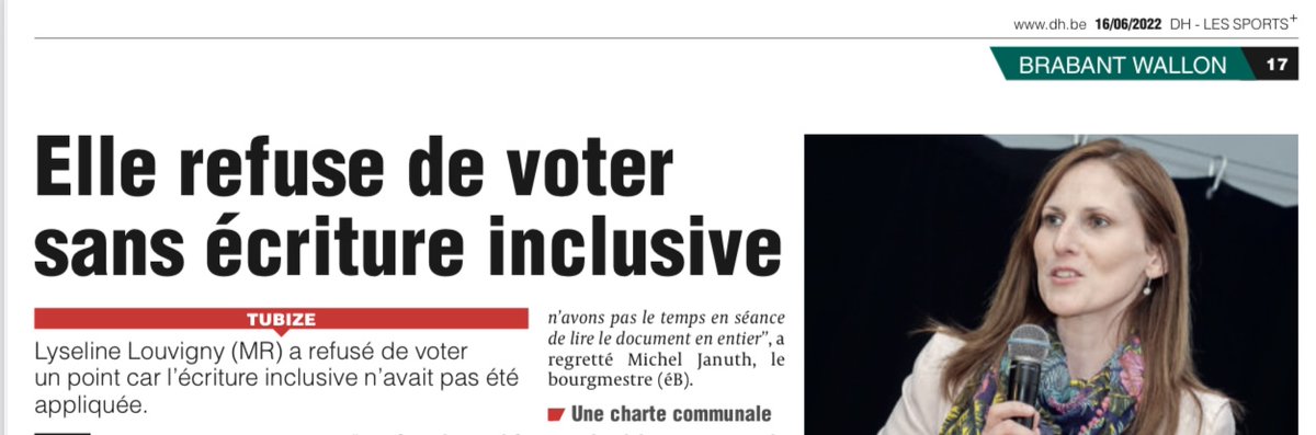 michelhenrion's tweet photo. Ecriture inclusive: à #Tubize, la conseillère communale #MR @LyselineL refuse (non sans raison) de voter des statuts dont le texte à l'ancienne cite "le Directeur" sous forme uniquement masculine. (soit  "le directeur ou la directrice", soit "le. la directeur.rice") (via @laDH) https://t.co/Xvg3k60fSg