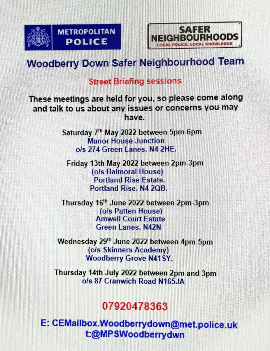 Good morning everyone. Local officers will be holding a street briefing session today between 2-3pm, details provided below. Please come along and share any concerns or just come along and say hello. 
#StreetBriefing
#LocalPolicing
#HackneyPolice
#SaferNeighbourhoods