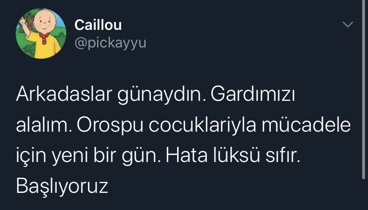 Arkadaslar günaydın. Gardımızı alalım. Orspucocuklariyla mücadele için yeni bir gün. Hata lüksü sıfır. Başlıyoruz