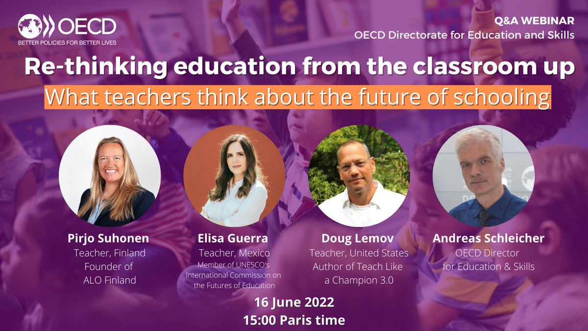 📽️TODAY: Rethinking education from the classroom up Join us to hear from teachers from different contexts explain what they believe needs to be addressed to help school systems adapt to a changing world👩‍🏫🌍👨‍🏫🌏🌎🧑‍🏫 🕒 15:00 Register now 👉oecdedutoday.com/oecd-education…