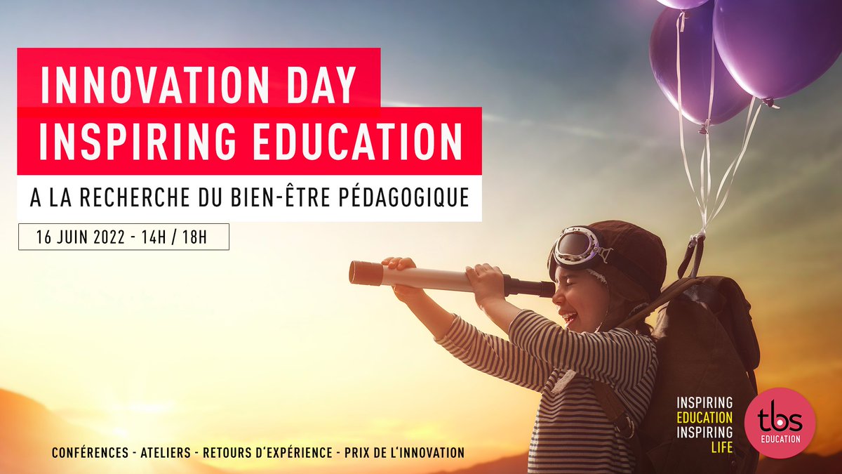 Cette journée sera sous le signe de l'#innovation 🚀

Au programme #TBSinnovationDay2022 : 
👉 14h - Conférence sur le bien-être pédagogique, avec @4CRISTOL 
👉15h15 - Ateliers pédagogiques 
👉17h15 - #TBSInnovationAwards

Quelles nouveautés vous inspireront cette année ?! ✨