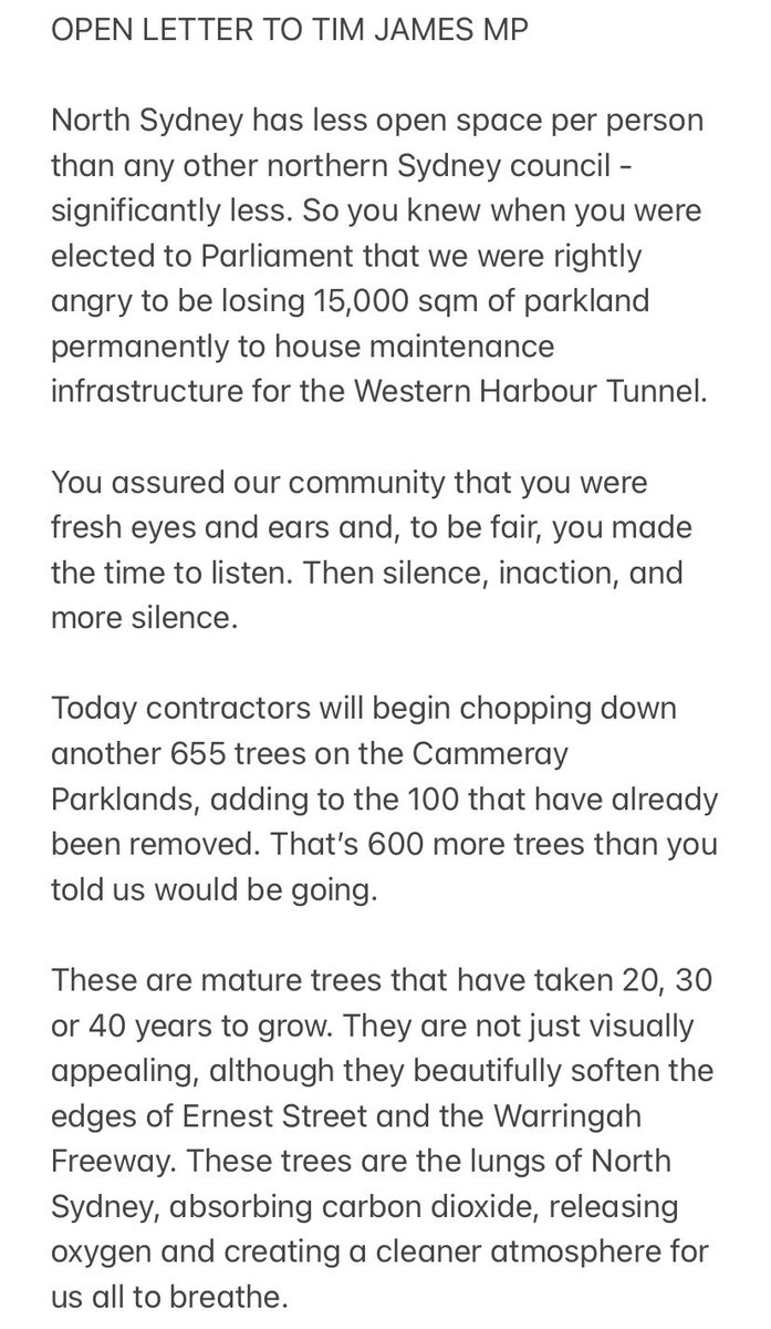 GetRealNorthSyd's tweet photo. An Open Letter to @timothycjames from Zoe Baker, Mayor of North Sydney 

#savecammeraypark #auspol #nswpol  
@MeganGorrey @QuentinDempster @KyleaTink @larissa4willgby @smh @ChrisMinnsMP @Dom_Perrottet https://t.co/8RzPFaqkCi
