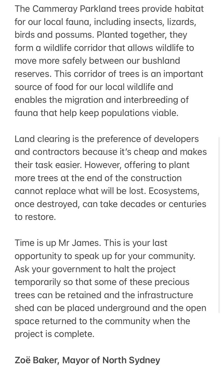 GetRealNorthSyd's tweet photo. An Open Letter to @timothycjames from Zoe Baker, Mayor of North Sydney 

#savecammeraypark #auspol #nswpol  
@MeganGorrey @QuentinDempster @KyleaTink @larissa4willgby @smh @ChrisMinnsMP @Dom_Perrottet https://t.co/8RzPFaqkCi