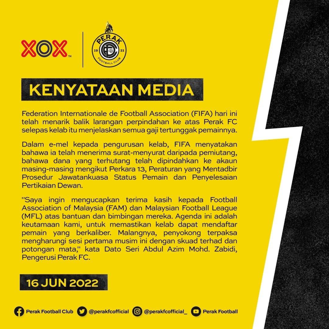 perakfcofficial's tweet photo. FIFA hari ini telah menarik balik larangan perpindahan ke atas Perak FC. Anda sedia menyaksikan skuad penuh beraksi? Jom ke Stadium Perak, Ipoh pada hari Ahad (19/06), 9pm!

⚪🟡⚫

#XOXMalaysia
#ONEXOX
#PerakFC
#RiseAsOne https://t.co/qvKdYlw3Oq