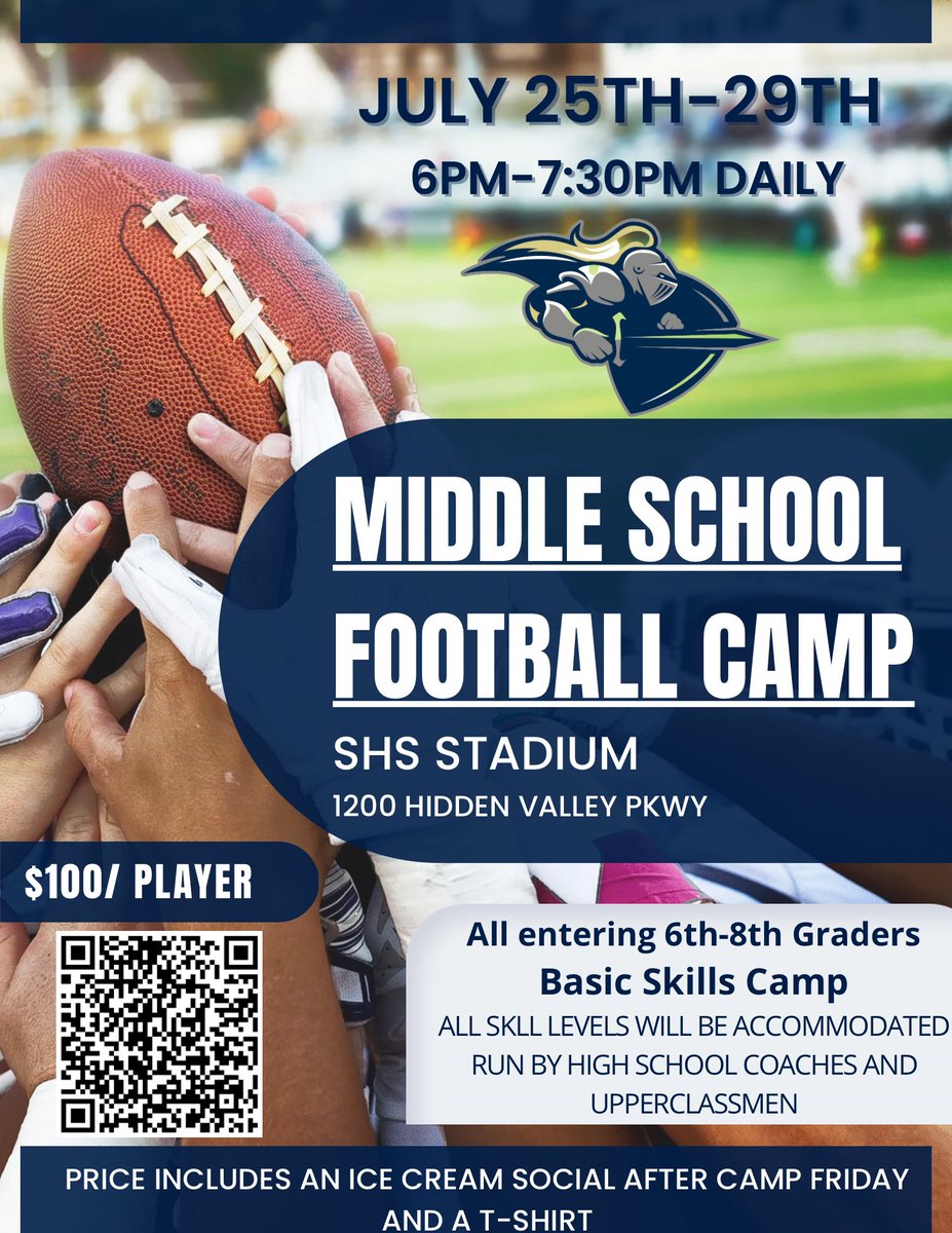 SilverKnightsFB's tweet photo. We are also offering a Middle School camp in July. See the details for registration below. 🏈 #shs #silverknightsfb @CoachJVanWinkle https://t.co/9BUUE8OKsv