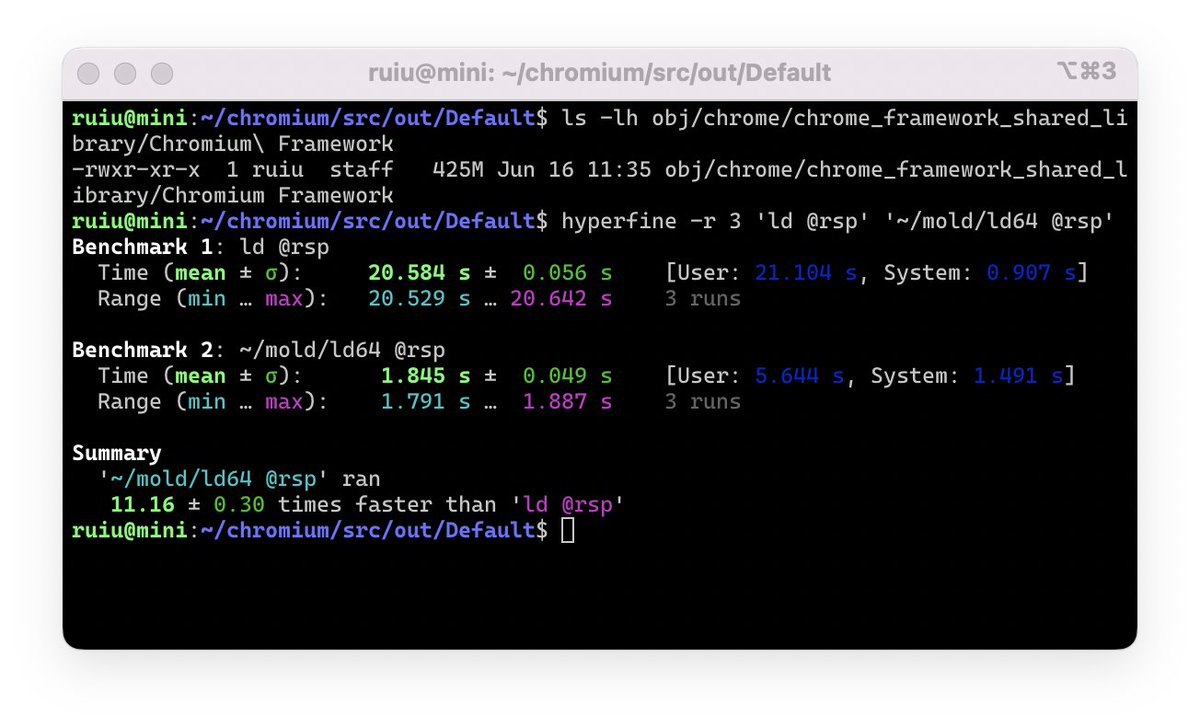 rui314's tweet image. mold/macOS is 11 times faster than the Apple&apos;s default linker to link Chrome. Measured on an M1 Mac mini.