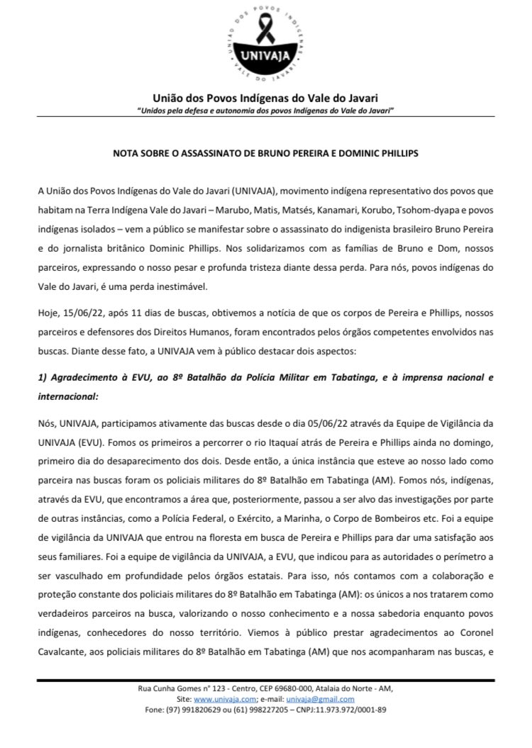 NatuzaNery's tweet photo. Resumo da nota #univaja
-Fomos os primeiros a buscar Bruno e Dom, q morreram nos defendendo
-Fomos nós, indígenas, q encontramos a área
-PMs do 8o Batalhão em Tabatinga ÚNICOS a nos tratarem como parceiros na busca
-Pelado e Dos Santos são parte de grupo maior; crime foi político https://t.co/vXPx5oC56Y
