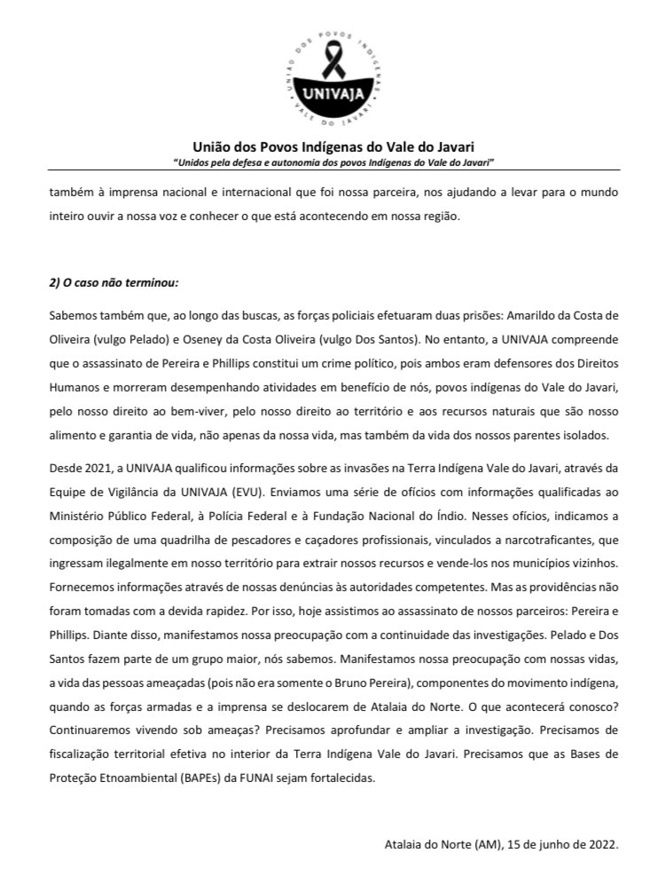 NatuzaNery's tweet photo. Resumo da nota #univaja
-Fomos os primeiros a buscar Bruno e Dom, q morreram nos defendendo
-Fomos nós, indígenas, q encontramos a área
-PMs do 8o Batalhão em Tabatinga ÚNICOS a nos tratarem como parceiros na busca
-Pelado e Dos Santos são parte de grupo maior; crime foi político https://t.co/vXPx5oC56Y